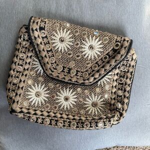 ANTIK BATIK embellished clutch bag with suns / flowers mirrors and inner pocket